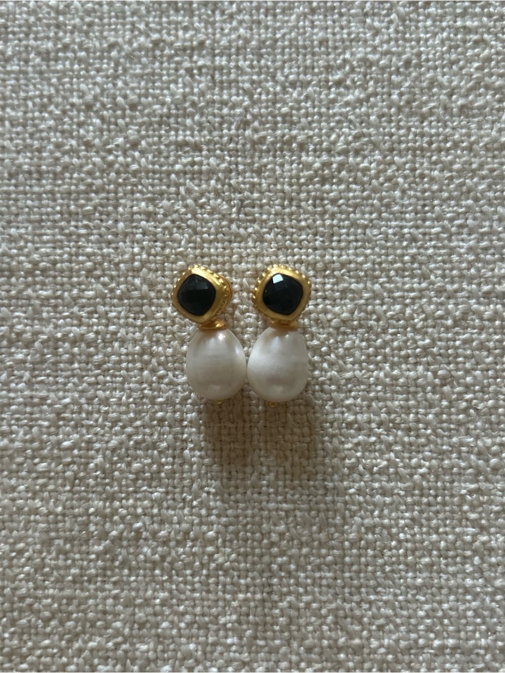 Julie Vos Gold Pearled Drop Earrings with Black Stone Accent